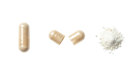 Beige capsule pills and powder, isolated on transparent background