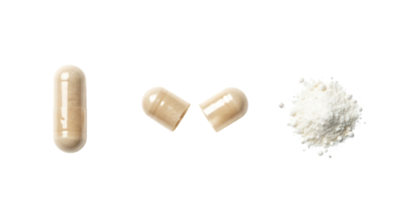 Beige capsule pills and powder, isolated on transparent background