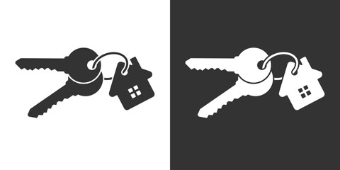Keys with keychain as house. Graphic icons set. Keys from real estate. Signs isolated on white and black background. Vector illustrations