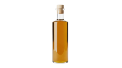 Golden olive oil in a clear glass bottle isolated PNG, gourmet cooking ingredient for salad dressing and Mediterranean cuisine