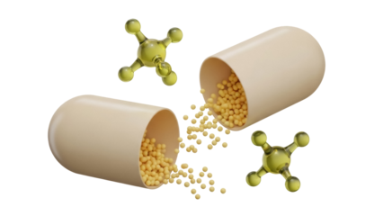Open beige capsule with yellow granules isolated PNG, medicine or supplement on transparent background, molecular structures for pharmaceutical concepts