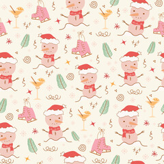 snowman, hat,  concept winter, seamless pattern. Fir tree, glass, dots, snow,  line drawing. design, isolated elements on pink background. Simple conceptfor paper, banner, print. vector art 