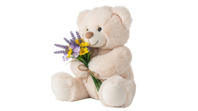 Adorable beige teddy bear holding a bouquet of flowers isolated PNG, cute plush toy for kids and decoration on transparent background