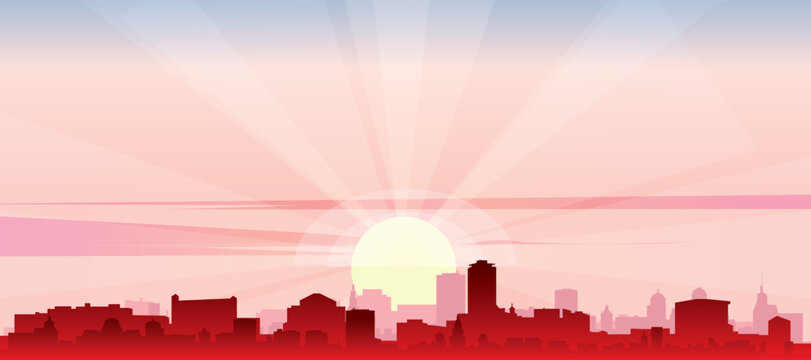 Red panoramic poster of the city skyline with misty background buildings, sunrise, moon and clouds of ZAGREB, CROATIA