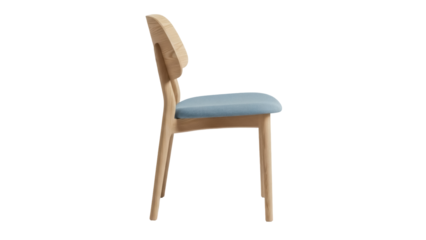 Light wood chair with blue fabric seat isolated PNG, modern furniture for dining room or office on transparent background
