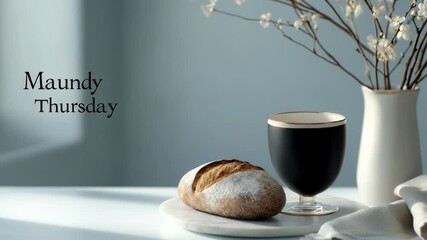 Maundy Thursday remembrance with sacred bread, holy wine, and symbolic chalice for Christian Eucharist observance reflecting faith and solemn devotion