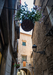 Narrow street in Gothic Quarter, Ciutat Vella, Barcelona, Spain