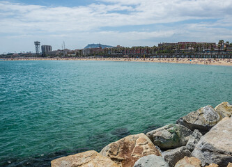 Mediterranean Sea seen from breakwater on the Barceloneta beach in Barcelona, Spain