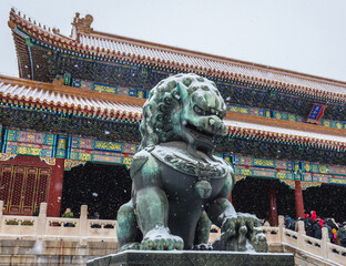 Lion sculpture called shishi in front of Gate of Supreme Harmony in Forbidden City, China
