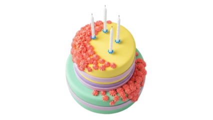Colorful two-tiered birthday cake with candles isolated PNG, festive dessert on transparent background for celebration and party designs
