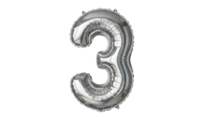 Shiny silver number 3 balloon isolated PNG on transparent background, festive party decoration for birthday celebration and special events