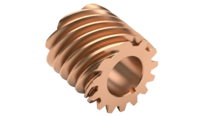Bronze worm gear isolated PNG on transparent background, helical gear component for mechanical engineering and power transmission