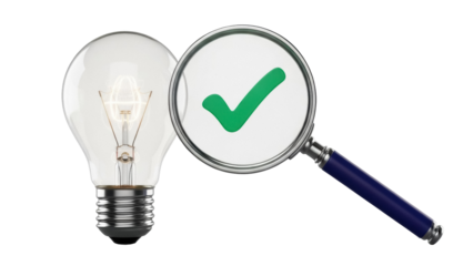 Light bulb and magnifying glass with check mark isolated PNG, concept of good idea and solution on transparent background