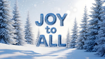 Winter scene with snowy trees and joyful phrase on a sunny day outdoors