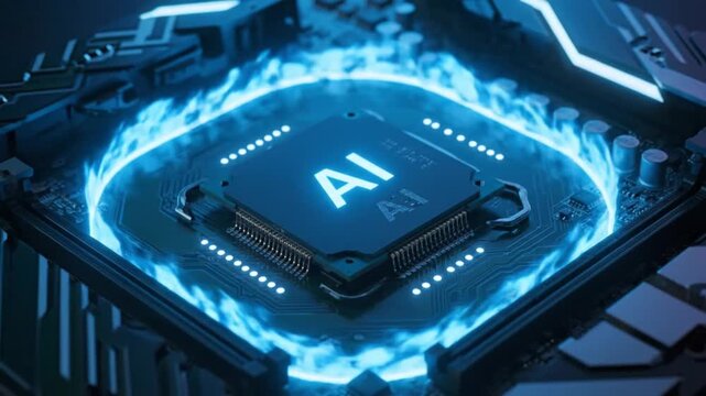 AI Processor Chip with Blue Glowing Energy on Dark Circuit Board