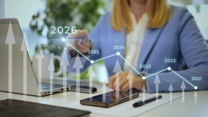 Businesswoman clicking AI driven financial graph selecting 2026 for corporate strategy growth and future planning