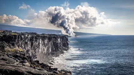Fototapeta premium solidifying. Lava flowing into the ocean, solidifying into black rock with rising steam. ESG reports, sustainability campaigns, designed for environmental awareness campaigns, used by data analysts.
