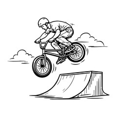Naklejka premium Illustration of a male BMX rider performing a high jump off a ramp. Vintage hand drawn line art style