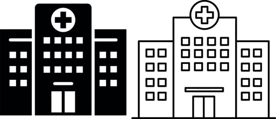 Hospital Building Icons Set in Silhouette and Outline Style
