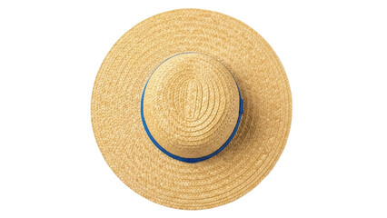 Straw sun hat with blue ribbon isolated PNG on transparent background, summer fashion accessory for beach vacation and sun protection © PAPADOMUS