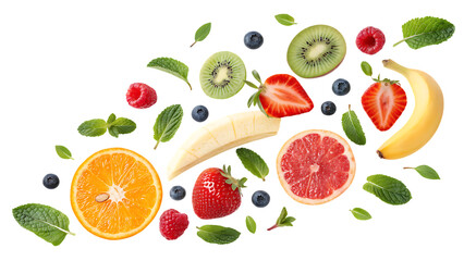 Naklejka premium Isolated Floating Fresh Fruit on a Transparent Background. 