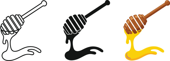 Honey dipper stick with dripping golden nectar vector set in outline silhouette and colorful flat styles for organic food design © Sumona