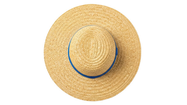 Straw sun hat with blue ribbon isolated PNG on transparent background, summer fashion accessory for beach vacation and sun protection