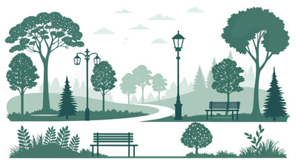 Obraz premium Serene park scene with benches and lush greenery landscape