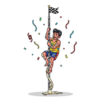 Excited participant climbing a slippery grease pole during vibrant traditional Awurudu celebrations in Sri Lanka, a challenging Sinhala New Year game symbolizing perseverance and cultural fun
