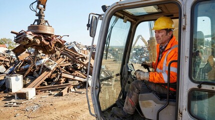 Construction worker operating excavator at scrap yard under sunlight  