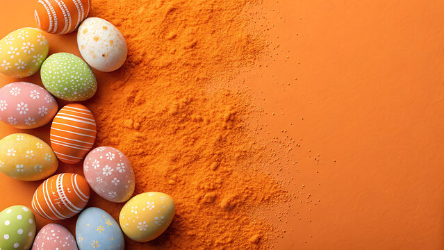 Colorful Easter eggs on a vibrant orange background with copious space for text