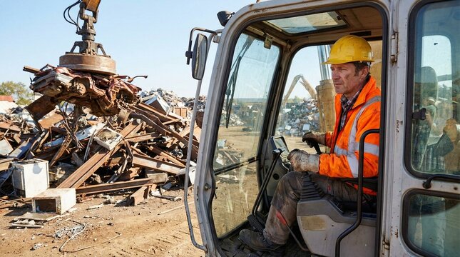 Construction worker operating excavator at scrap yard under sunlight   - Powered by Adobe