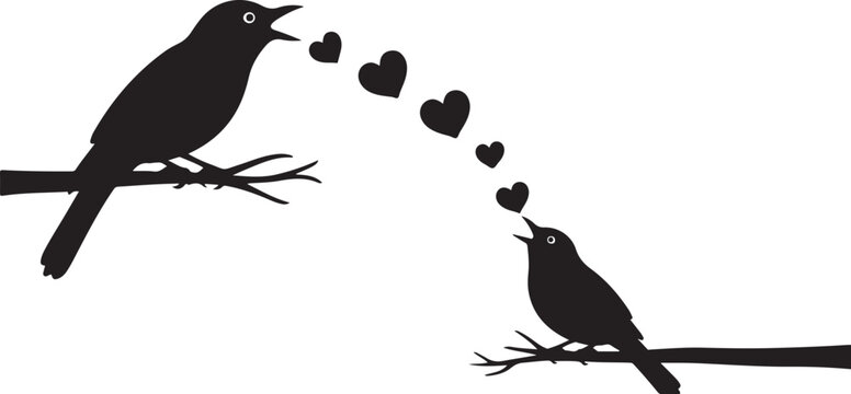 two black silhouetted birds on branches with hearts