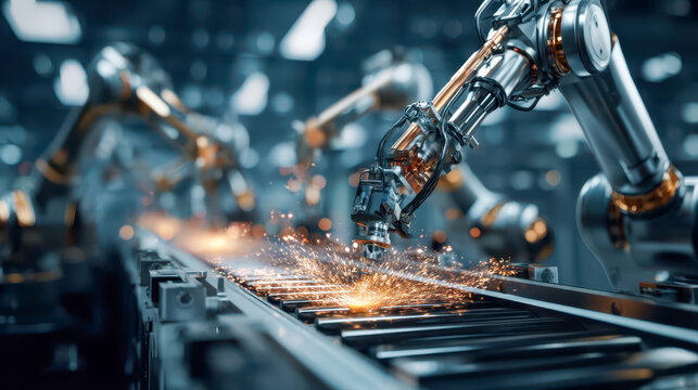 Advanced robotic manipulators for welding metal components on an automated assembly line, high-precision industrial manufacturing technology