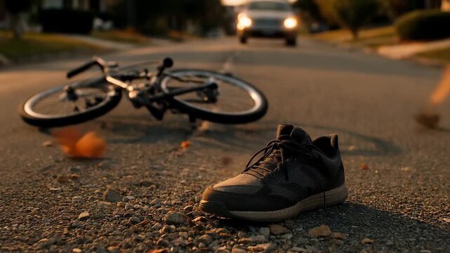 Abandoned bicycle and shoe on suburban street with approaching car at sunset