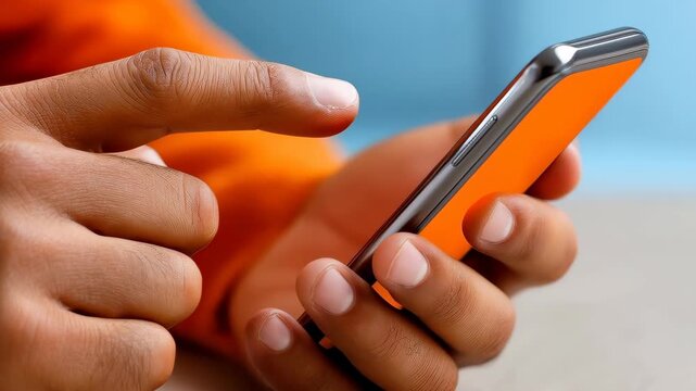 Digital Touch: A close-up shot of a hand interacting with a sleek smartphone, showcasing the seamless integration of technology and human connection. 