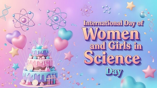 Celebrating International Day of Women and Girls in Science with colorful cake and festive decorations - Powered by Adobe
