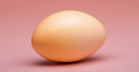 Single egg rests upon pink surface. Texture visible, simple composition, studio lighting creates soft shadows. Minimalist aesthetic.