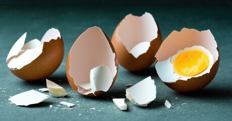 Broken eggs scattered upon dark surface. Shell fragments surround yolk, white visible. Simple composition, focus on texture.