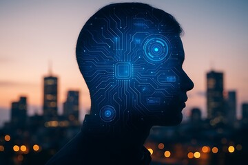 Artificial intelligence concept showing human silhouette with futuristic digital circuit pattern technology and city background representing innovation connection and data concept