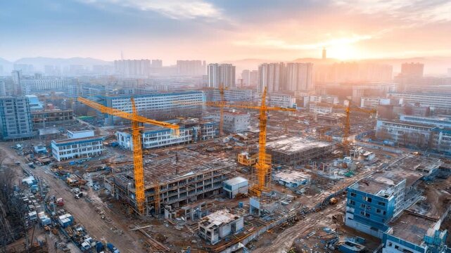 Aerial view of a large construction site with cranes and buildings under development at sunrise