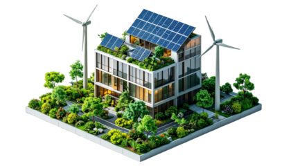Miniature smart city block powered by solar panels and wind turbines, modern sustainable urban design, isometric style, isolated on transparent background