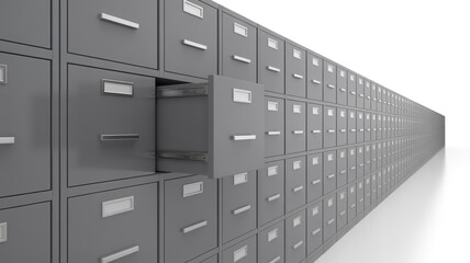 Endless row of grey filing cabinets with one drawer open, symbolizing data storage