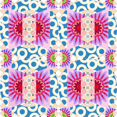Blue, purple, and pink seamless background pattern. Decorative geometric pattern. Vector illustration. Design for textiles, backgrounds, rugs, tiles, pottery, and cushion covers.