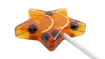 Star-shaped lollipop with orange slices and blueberries isolated PNG, sweet treat for kids and adults on transparent background