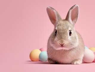 Fototapeta premium A fluffy bunny sits elegantly with pastel eggs, capturing the essence of springtime joy Generative AI