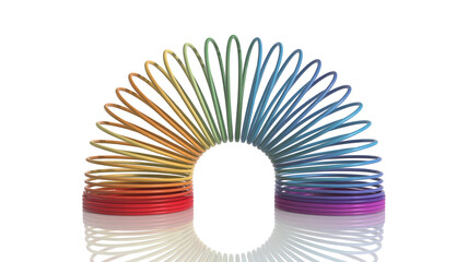A vibrant rainbow-colored slinky toy curved in a beautiful arc on a reflective white surface