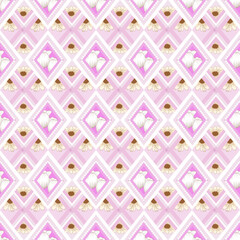 Pink, yellow, and white seamless pattern with flowers and rhombus. Vector illustration.  Design for tiles, cushion covers, blankets, rugs, and textiles.