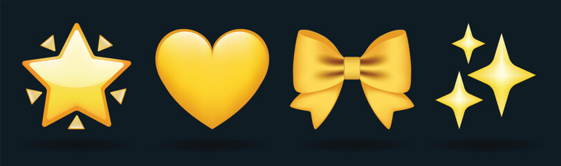 Yellow color heart, ribbon bow and golden stars vector emoji illustration