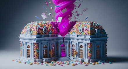 Cereal Loop Neoclassical Building Split by Pink Vortex and Flying Office Supplies, Surreal Corporate Chaos Concept